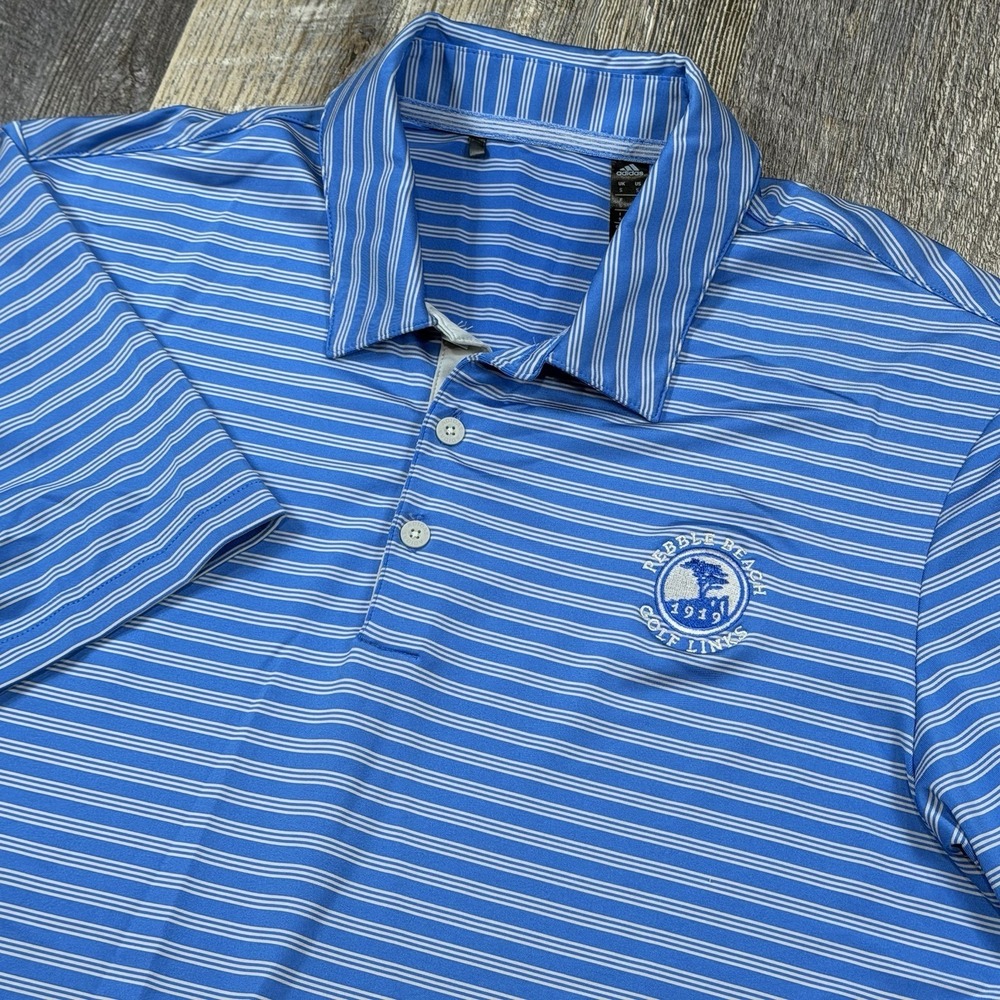 Adidas Pebble Beach Golf Links Polo Shirt Men's Small Blue Striped Performance